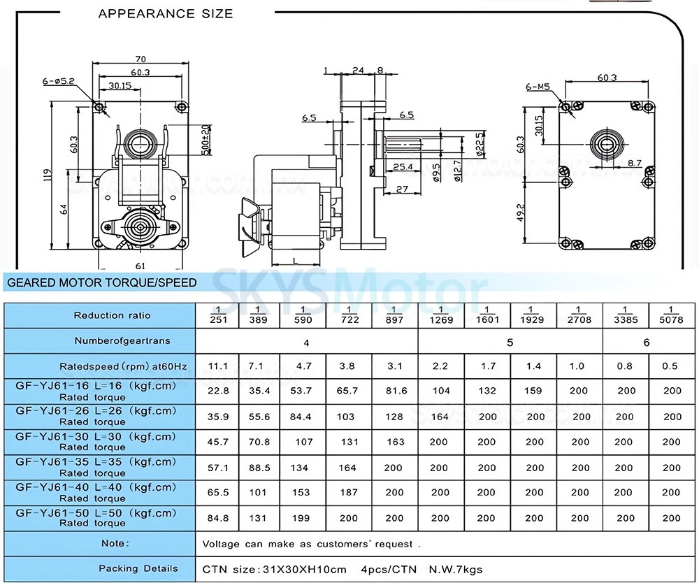 Motorreductor monofasico de polos sombreados GF-YJ61 CA 110/220 V con 251:1 a 5078:1 caja de engranajes rectos